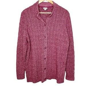 LL Bean Cable Knit Fisherman Cardigan Pink Womens XL Button Up Cotton